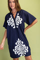 Embroidered V-Neck Linen Dress in Navy (REG)