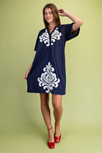 Embroidered V-Neck Linen Dress in Navy (REG)
