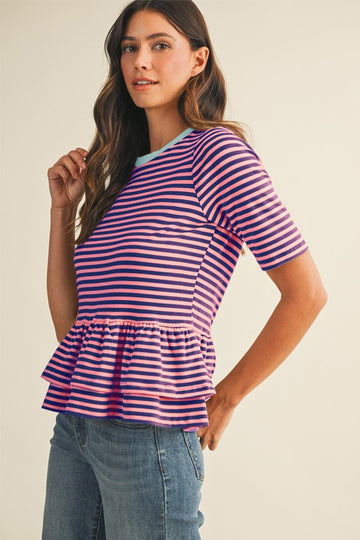 Layered Peplum Stripe Top in Berry (REG)