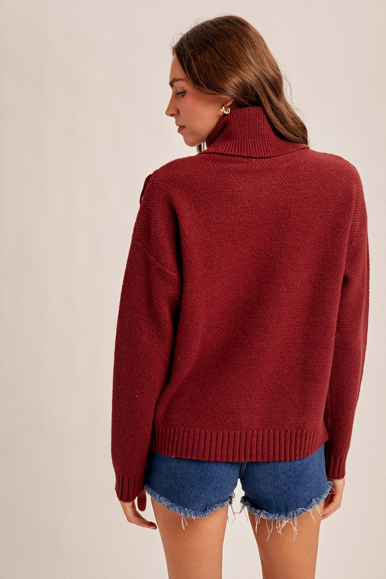 Mock Neck Fringe Sweater in Burgundy (REG)