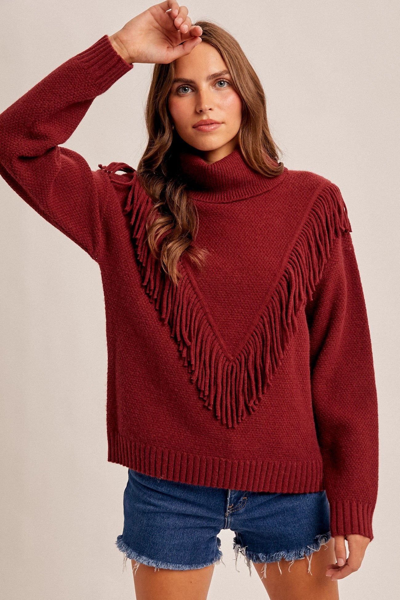Mock Neck Fringe Sweater in Burgundy (REG)