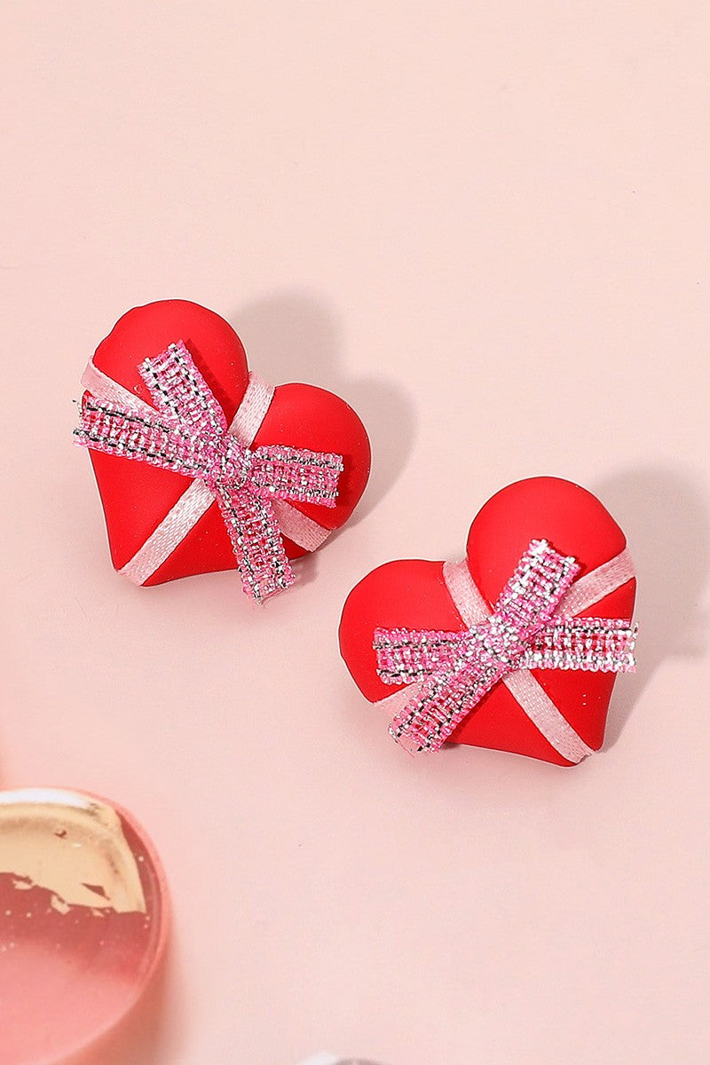 Ribbon Wrapped Heart Stud Earrings