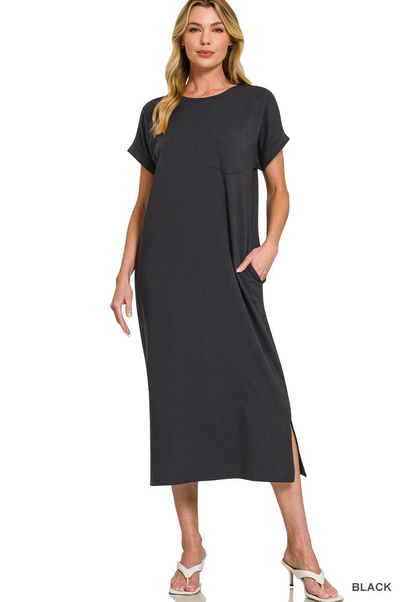 Folded Sleeve Tee Dress in Black (REG)