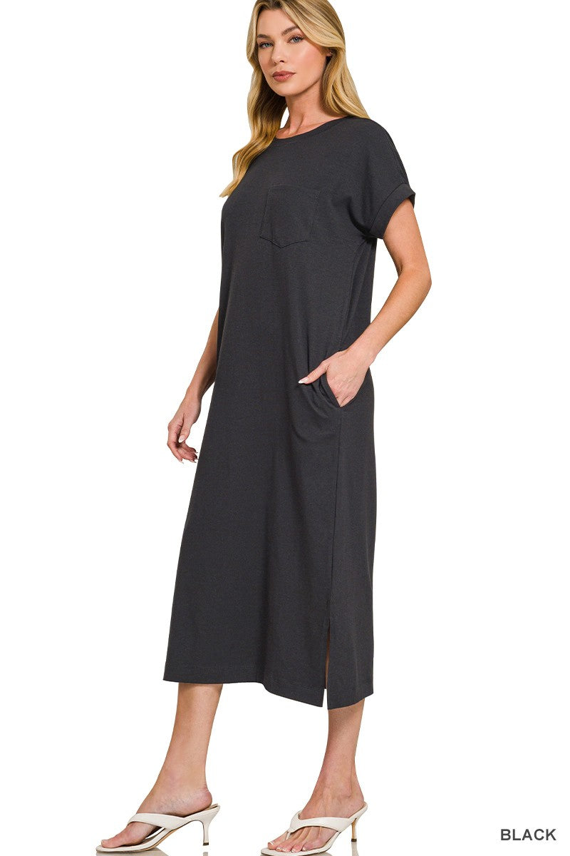 Folded Sleeve Tee Dress in Black (REG)