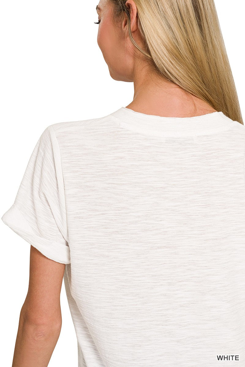 Pocket V-Neck Slub Top in White (REG)