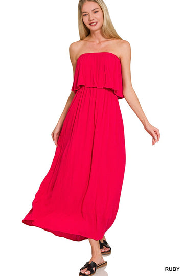 Strapless Crinkle Maxi Dress in Ruby (REG)