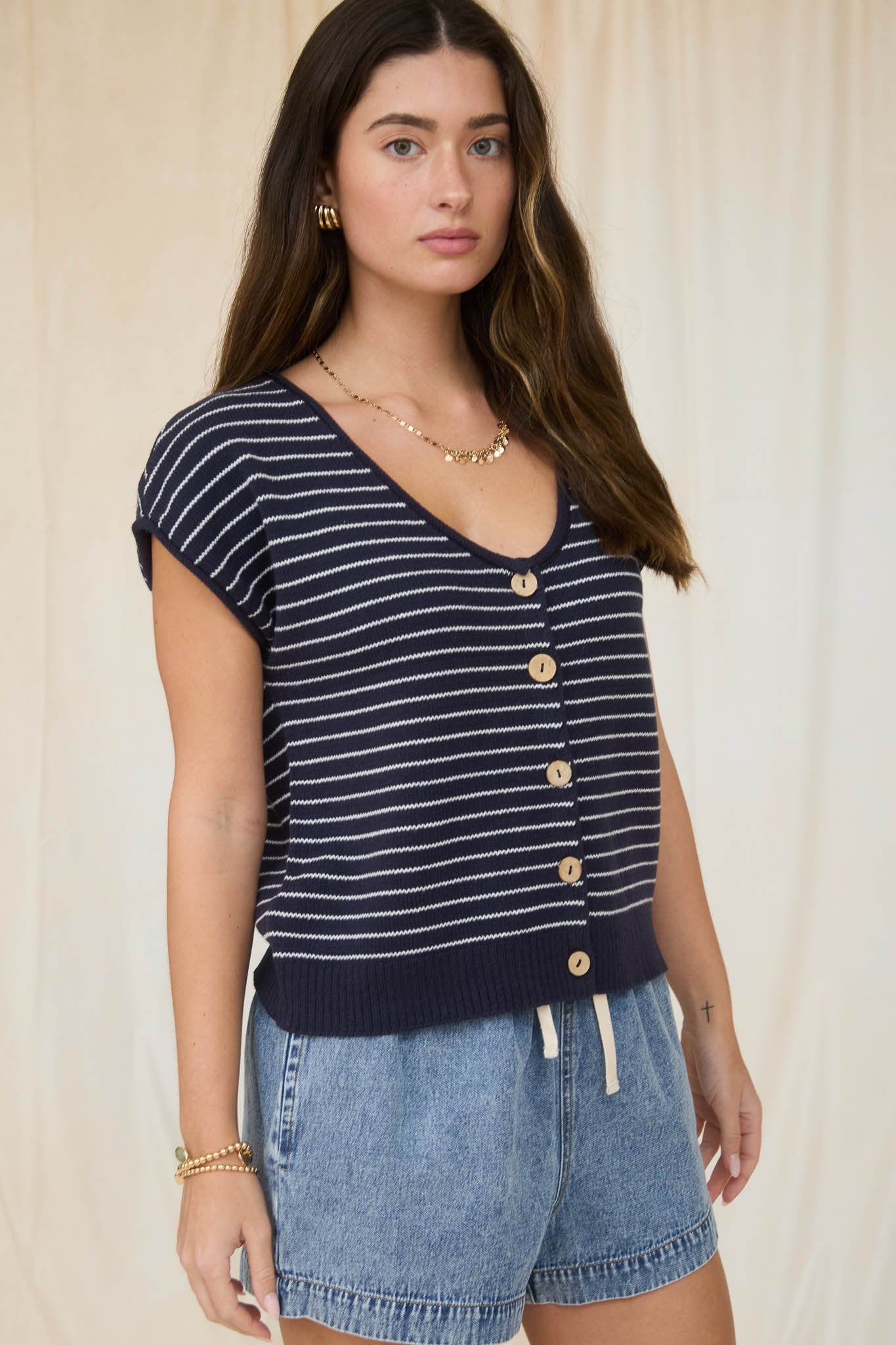 Short Sleeve Striped Cardigan in Navy (REG)