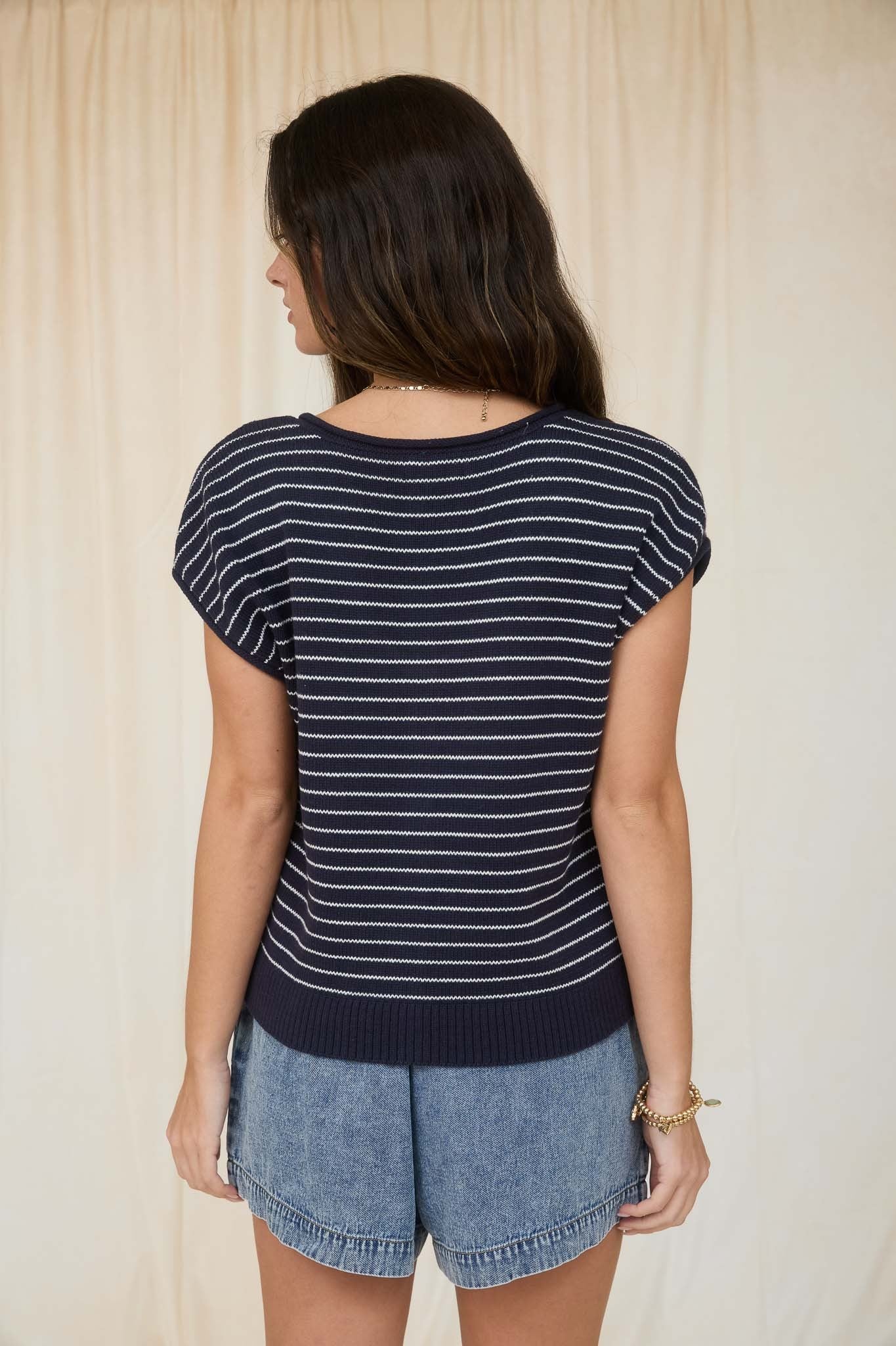 Short Sleeve Striped Cardigan in Navy (REG)