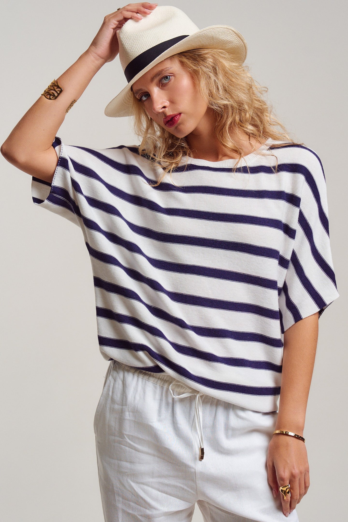 Striped Short Sleeve Dolman Top (REG)
