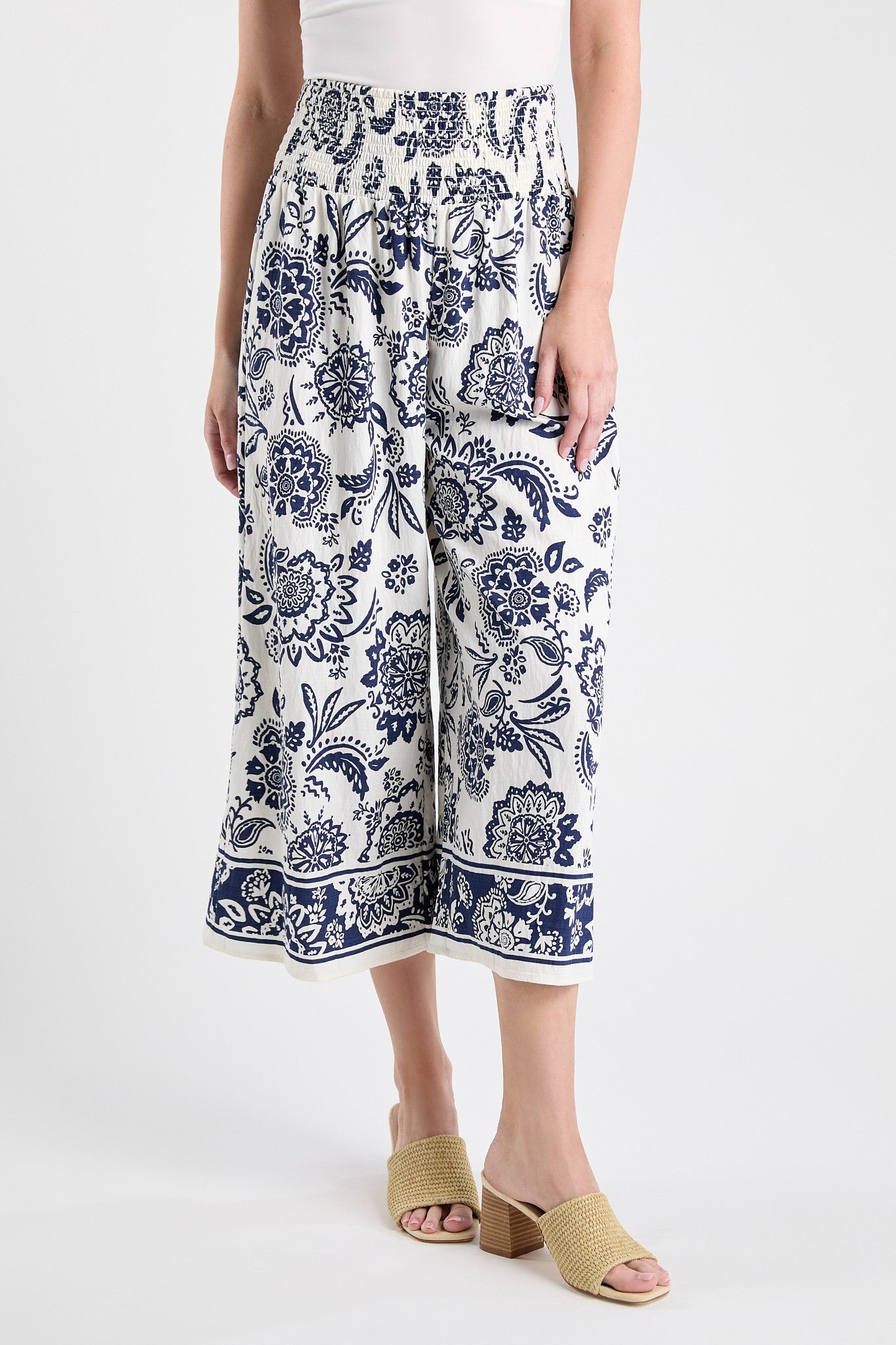 Navy Printed Smocked Pants (REG)