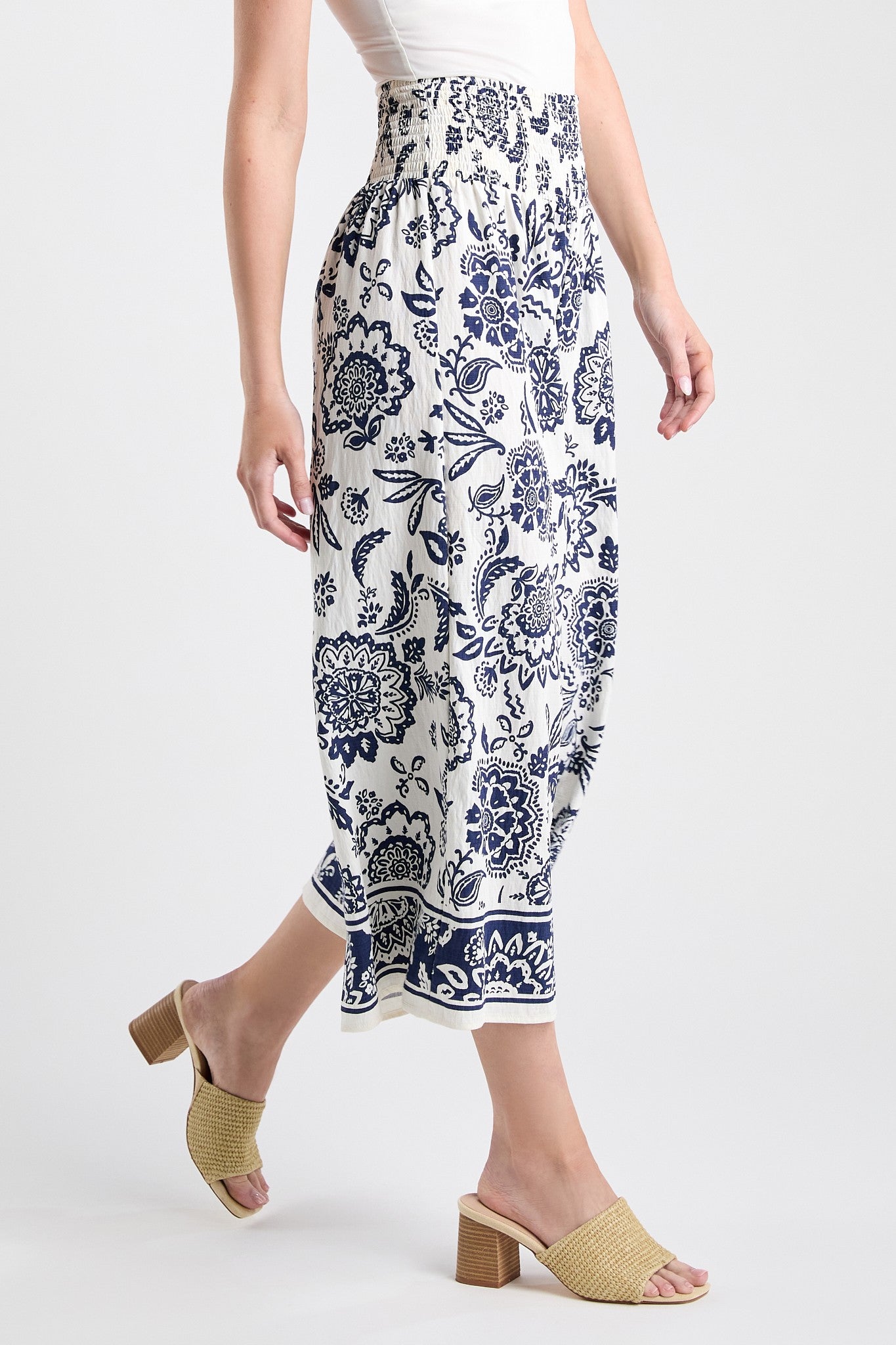 Navy Printed Smocked Pants (REG)