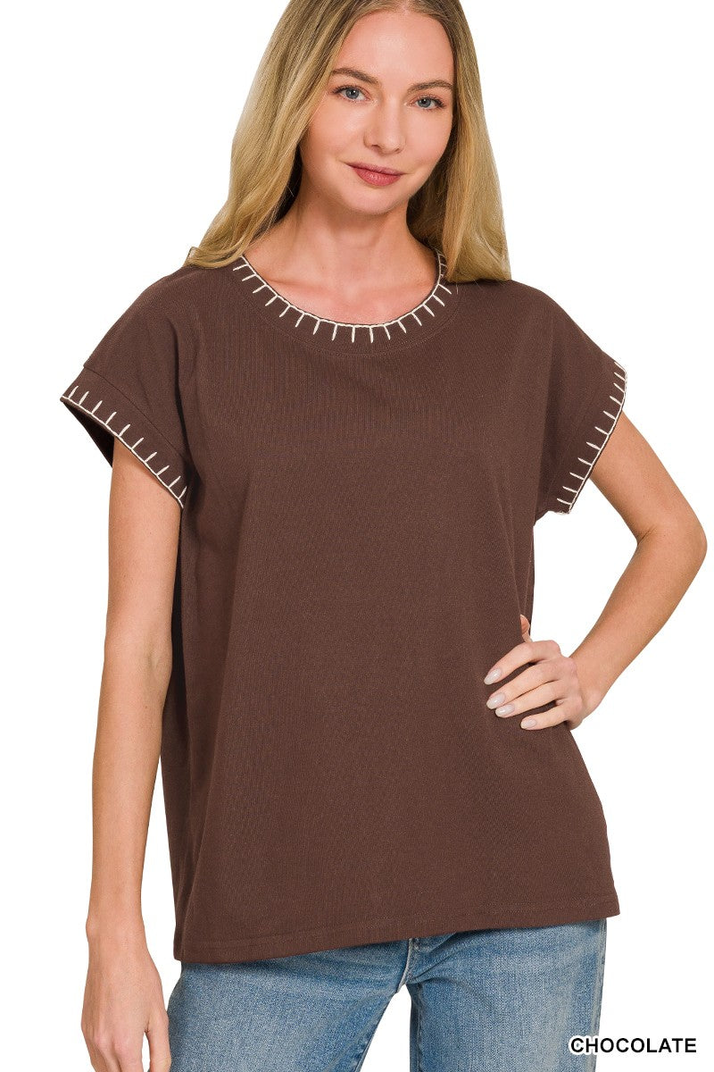 Stitch Detail Top in Chocolate (REG)
