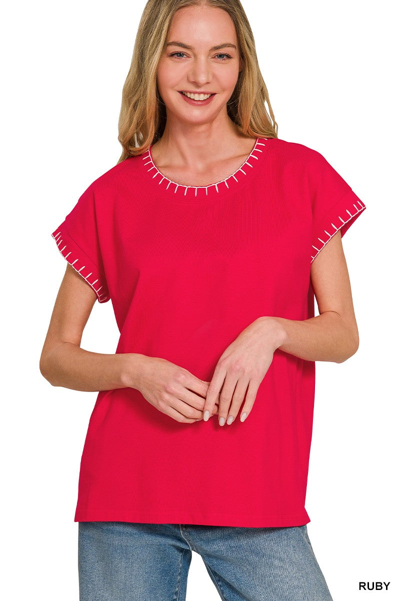 Stitch Detail Top in Ruby (REG)