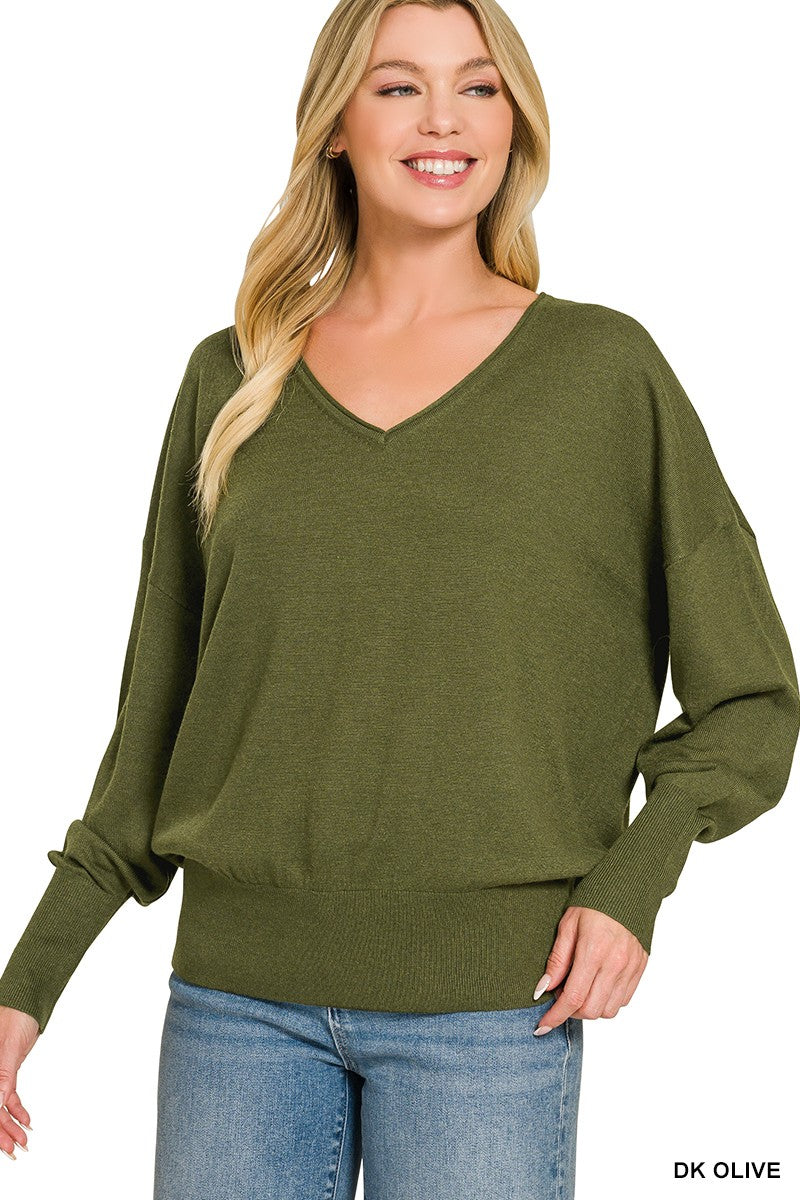 Serena V-Neck Sweater in Olive (REG)