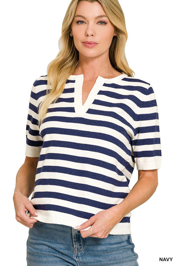 Navy Split Neck Striped Sweater (REG)