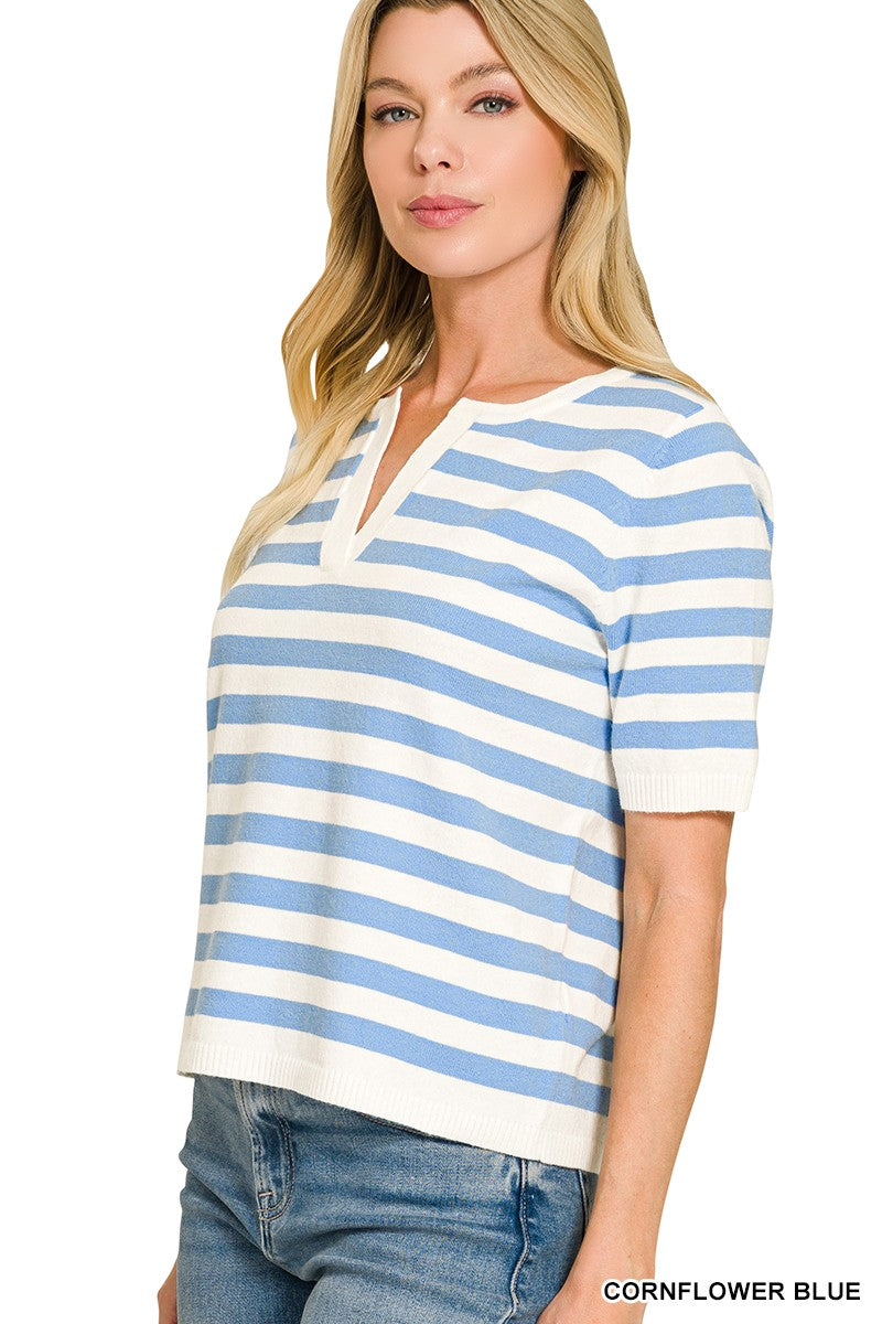 Cornflower Split Neck Striped Sweater (REG)