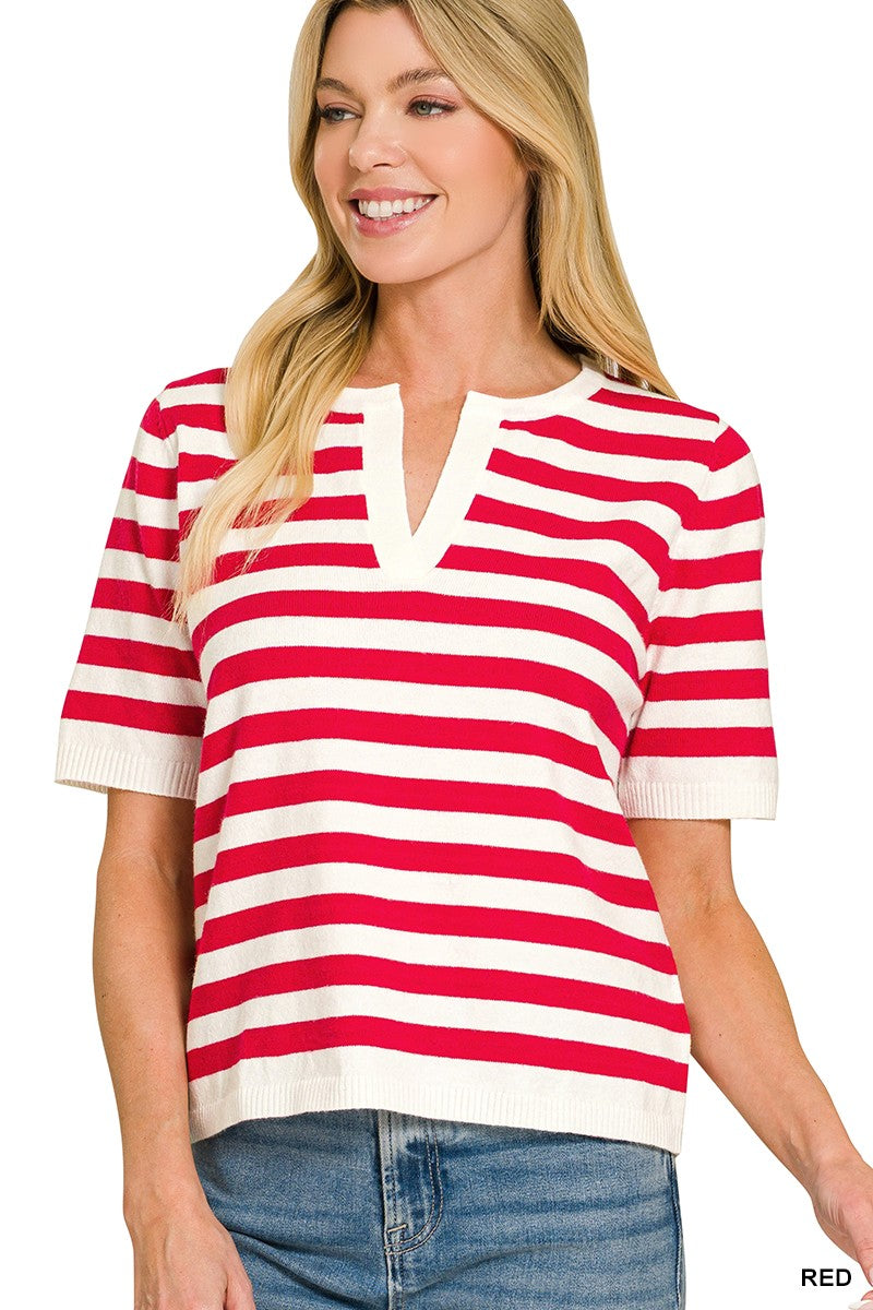 Red Split Neck Striped Sweater (REG)