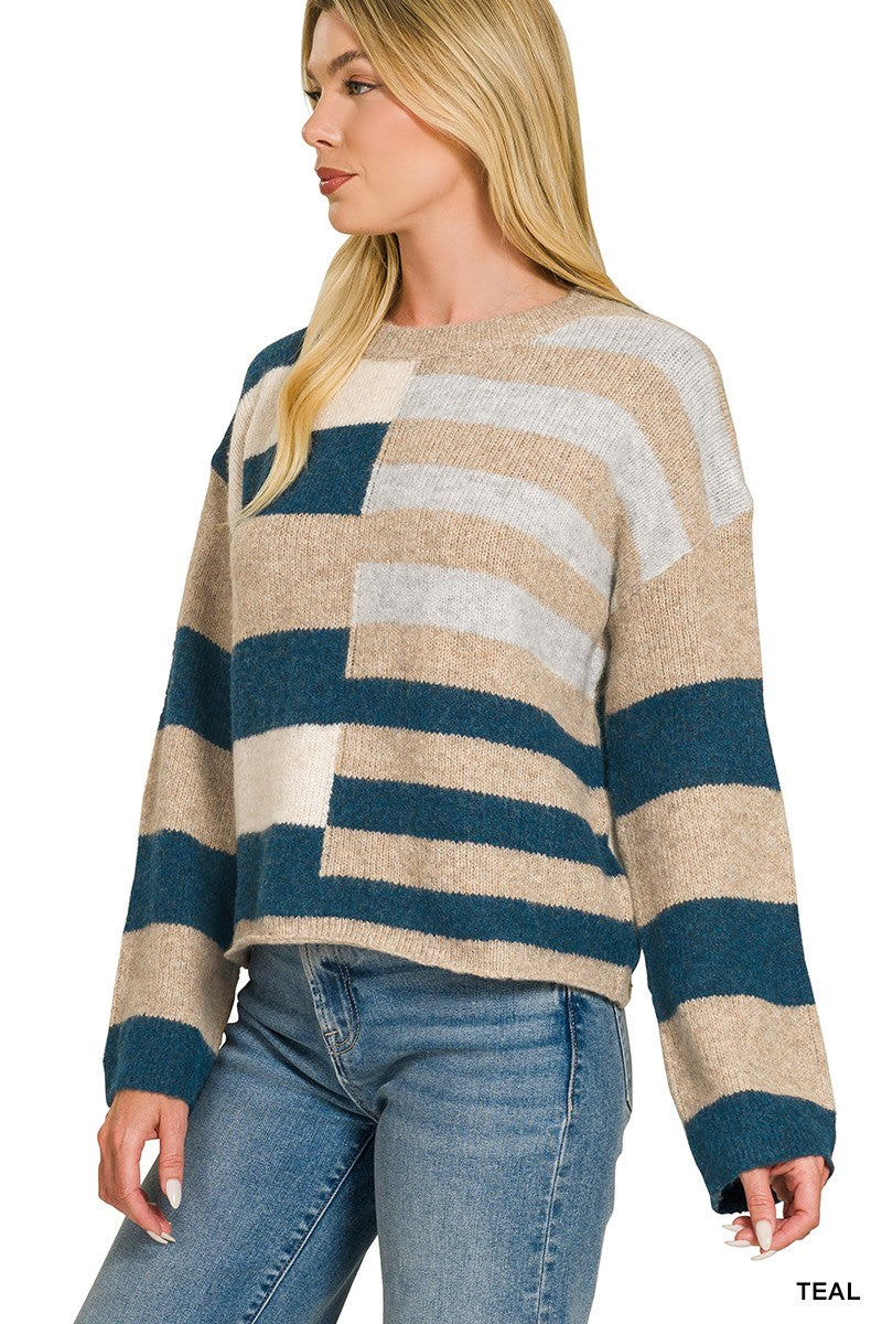 Mixed Stripe Colorblock Sweater in Teal (REG)