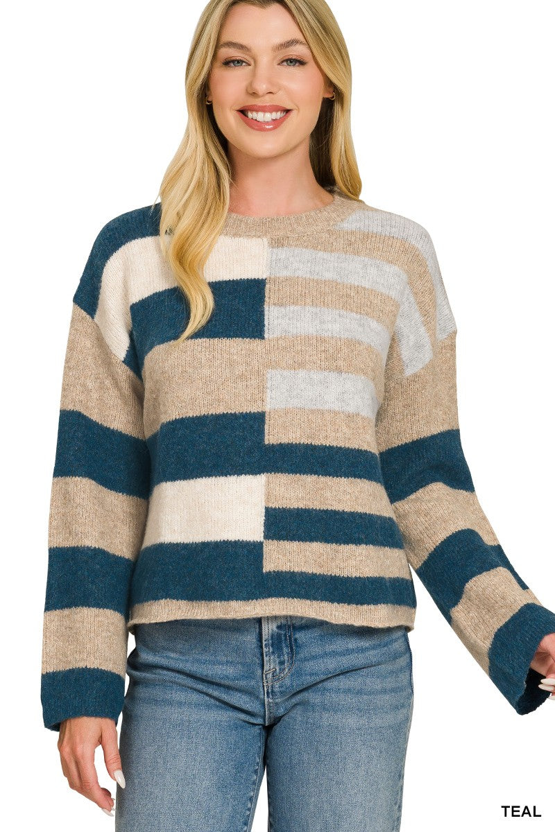 Mixed Stripe Colorblock Sweater in Teal (REG)