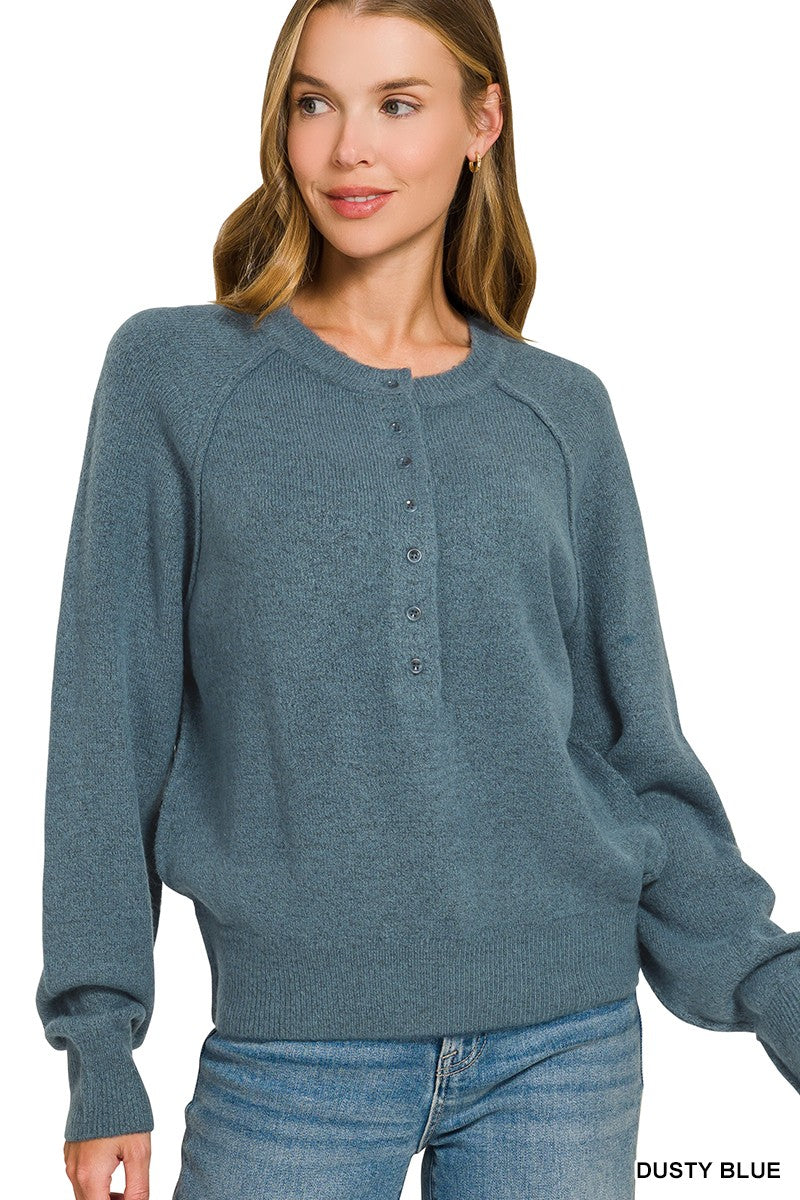 Half Button Henley Sweater in Dusty Blue (REG)