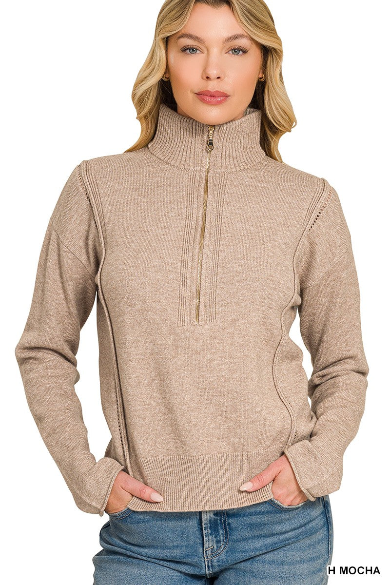 High Neck Half Zip Sweater in H Mocha (REG)