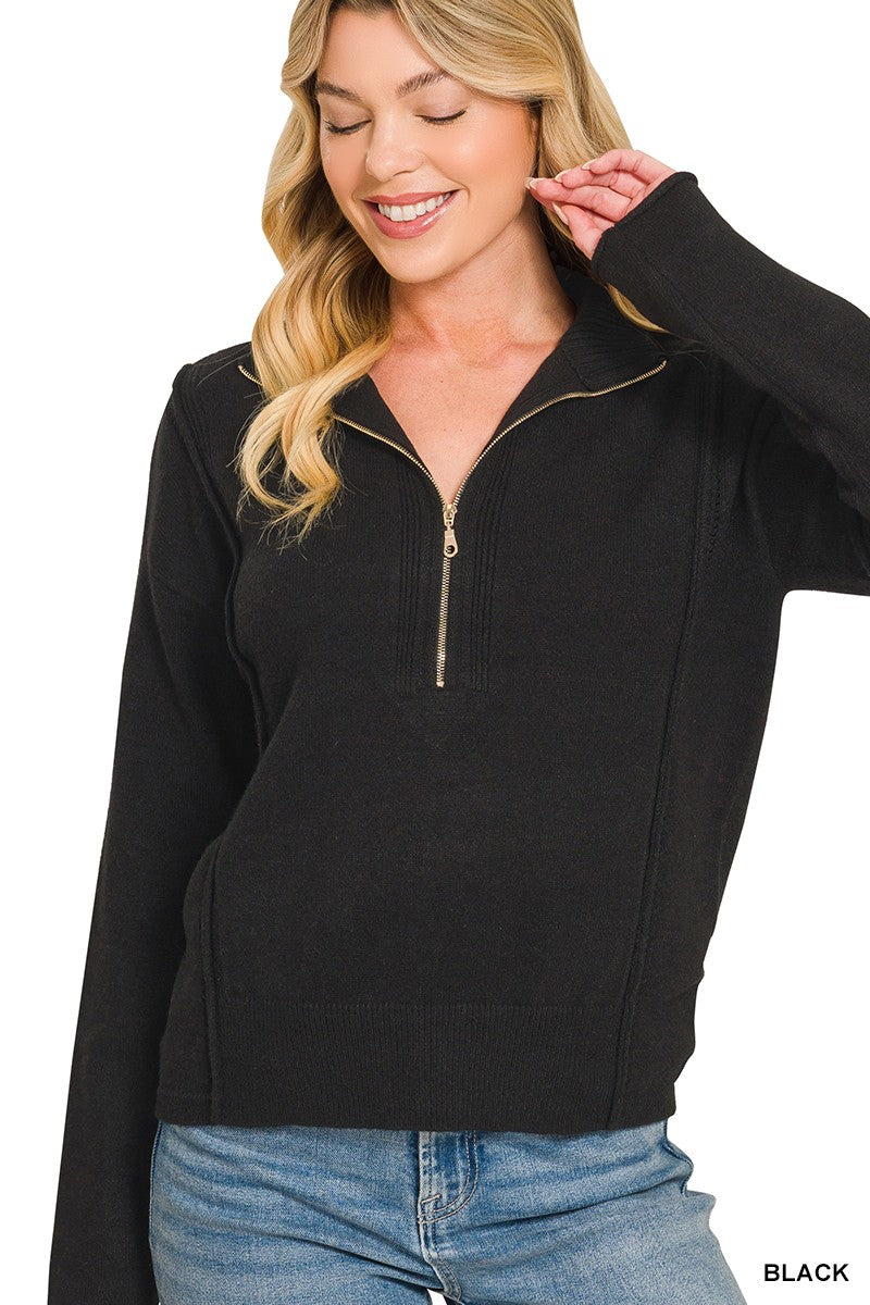 High Neck Half Zip Sweater in Black (REG)