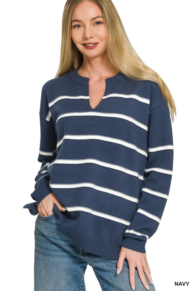 Split Neck Striped Sweater in Navy (REG)