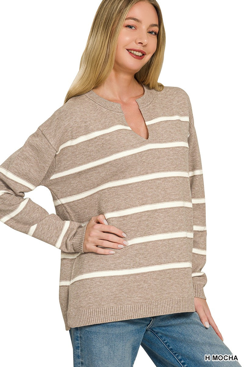 Split Neck Striped Sweater in Mocha (REG)