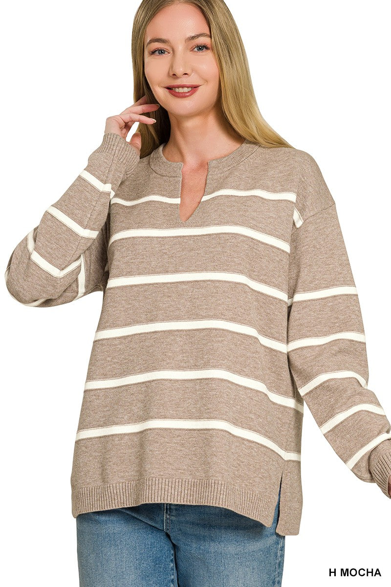 Split Neck Striped Sweater in Mocha (REG)