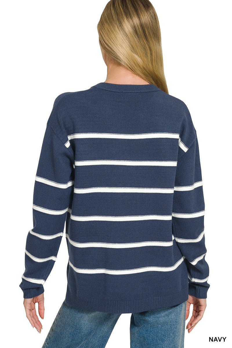 Split Neck Striped Sweater in Navy (REG)