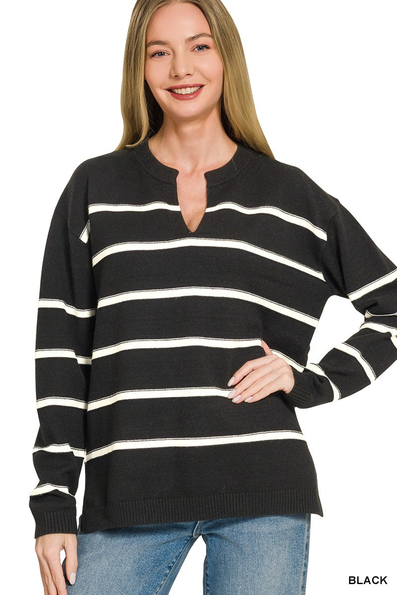 Split Neck Striped Sweater in Black (REG)