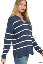 Split Neck Striped Sweater in Navy (REG)
