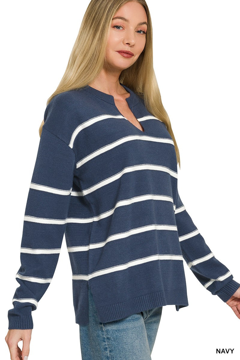 Split Neck Striped Sweater in Navy (REG)