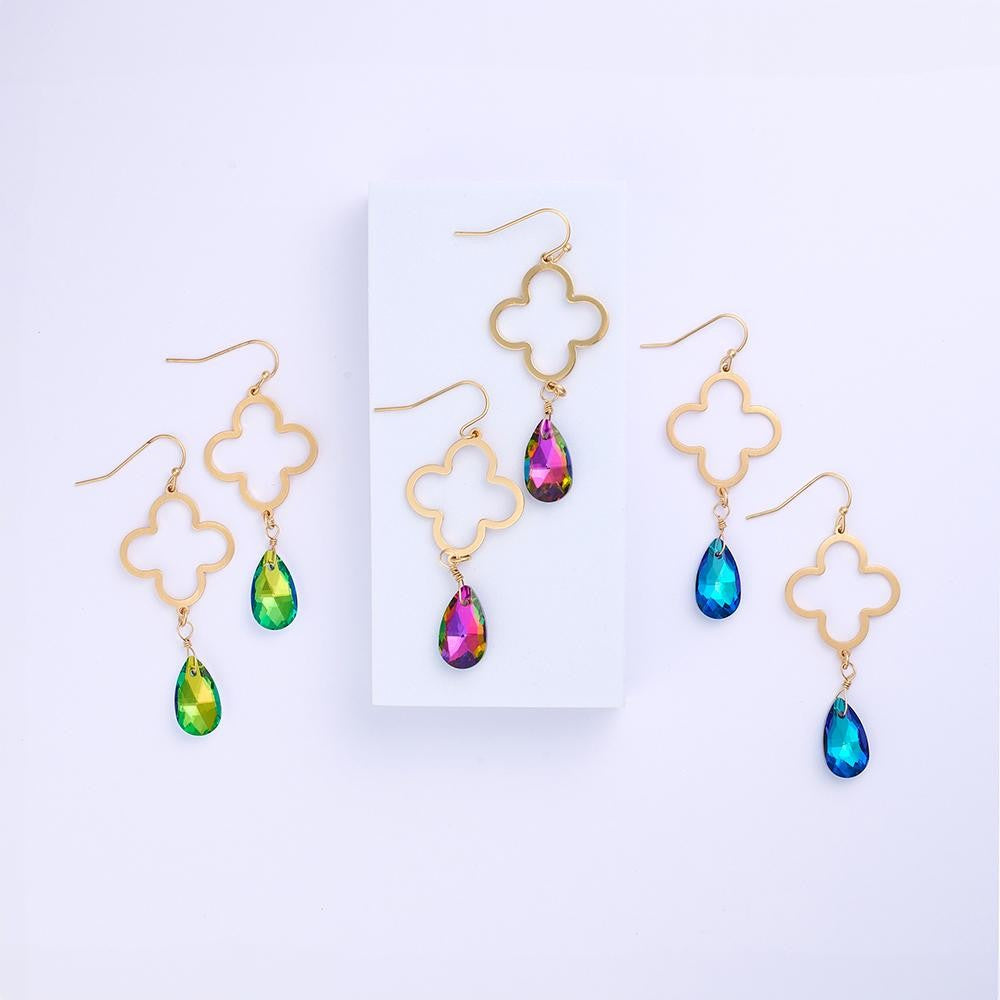 Hollow Clover and Crystal Earrings