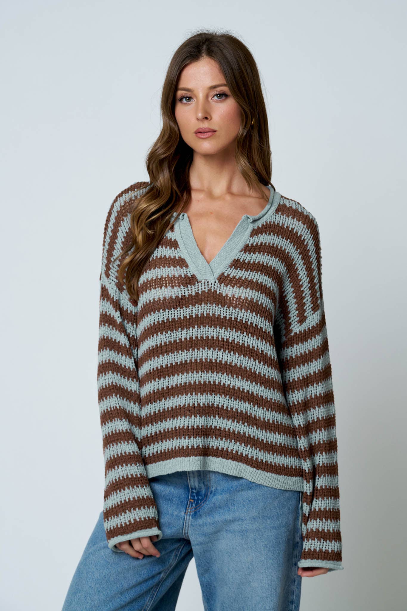 Split Neck Raw Edge Sweater in Blue (REG)
