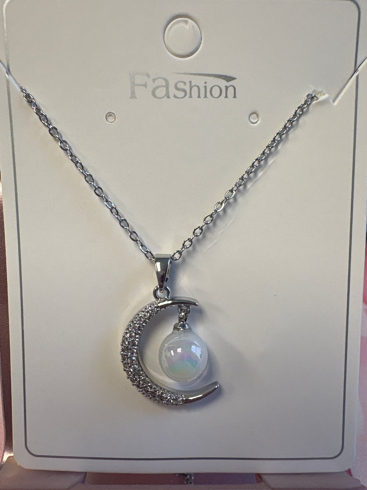 Silver CZ Moon and Pearl Necklace