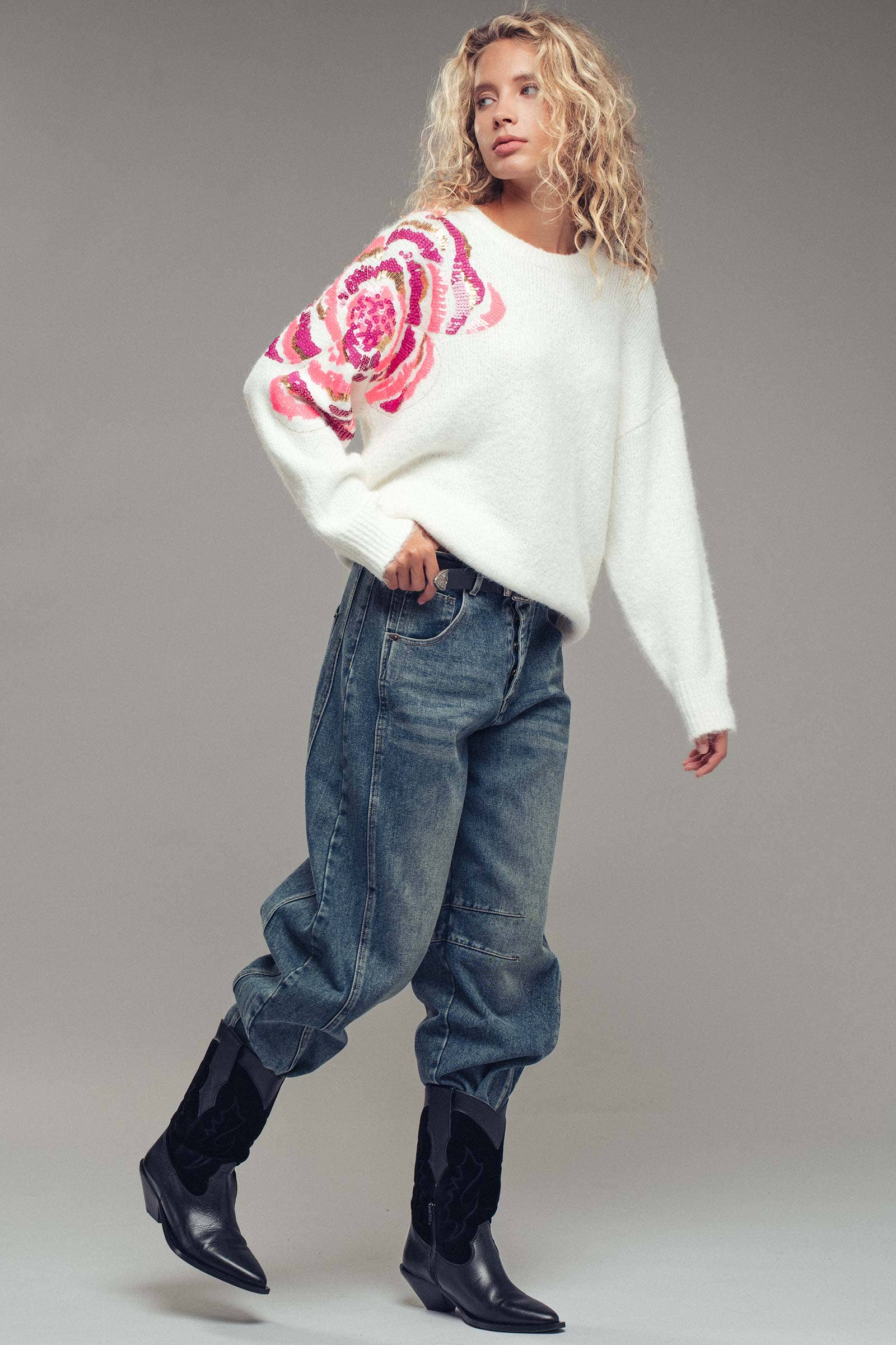 Sequin Floral Fuzzy Knit Sweater in Ivory (REG)