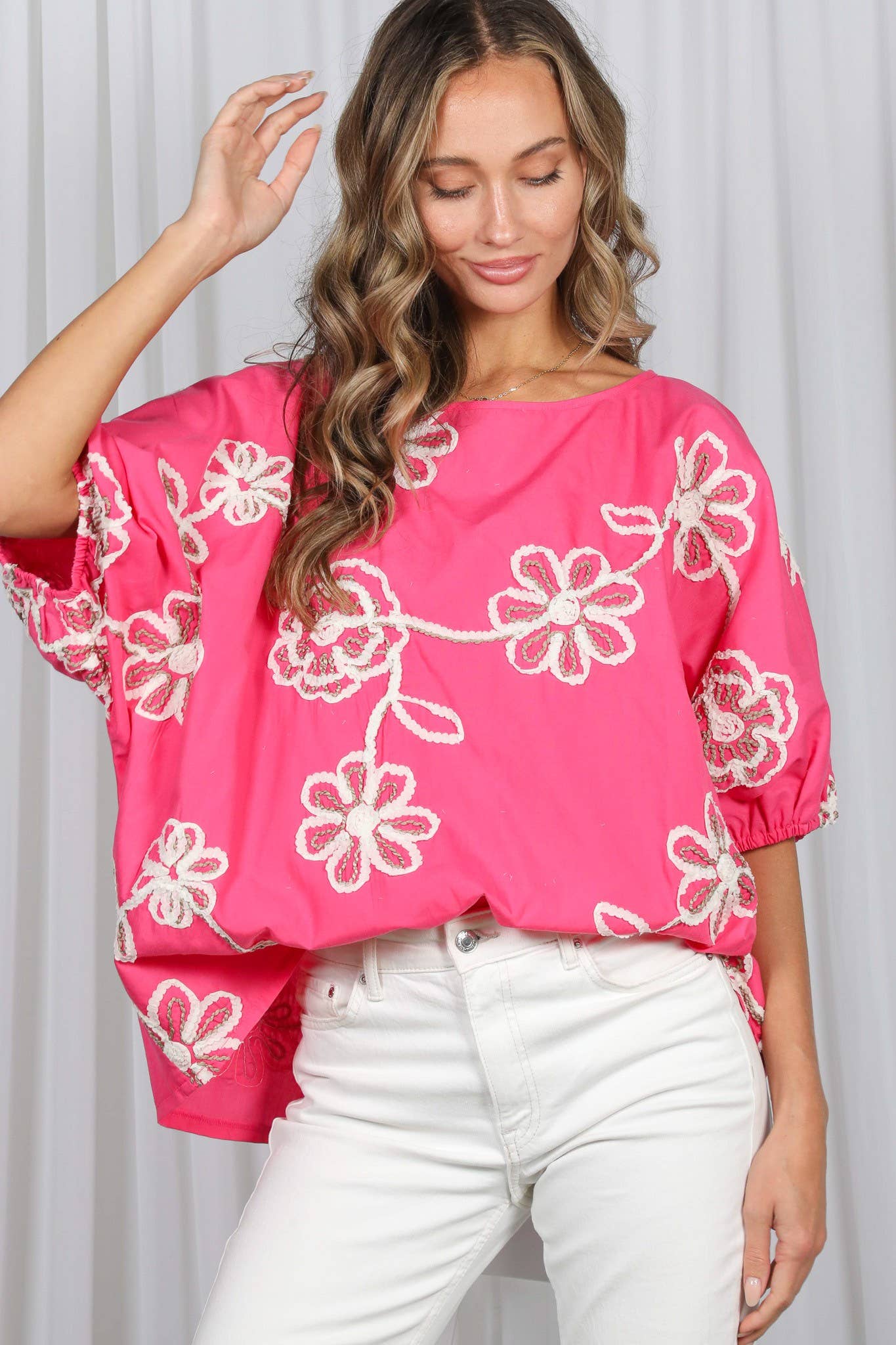 3D Floral Blouse Top in Pink (PLUS)