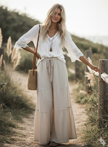 Tiered Linen Palazzo Pants in Natural (REG)