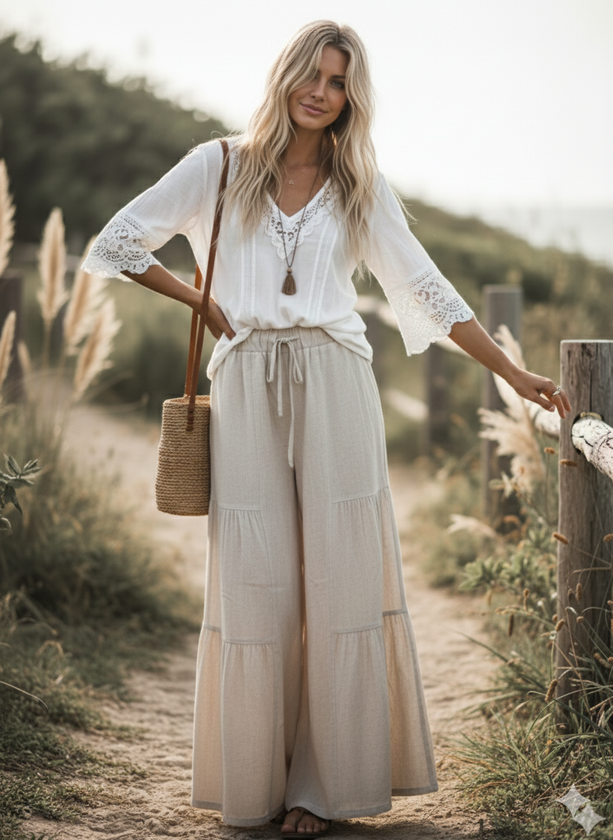Tiered Linen Palazzo Pants in Natural (REG)