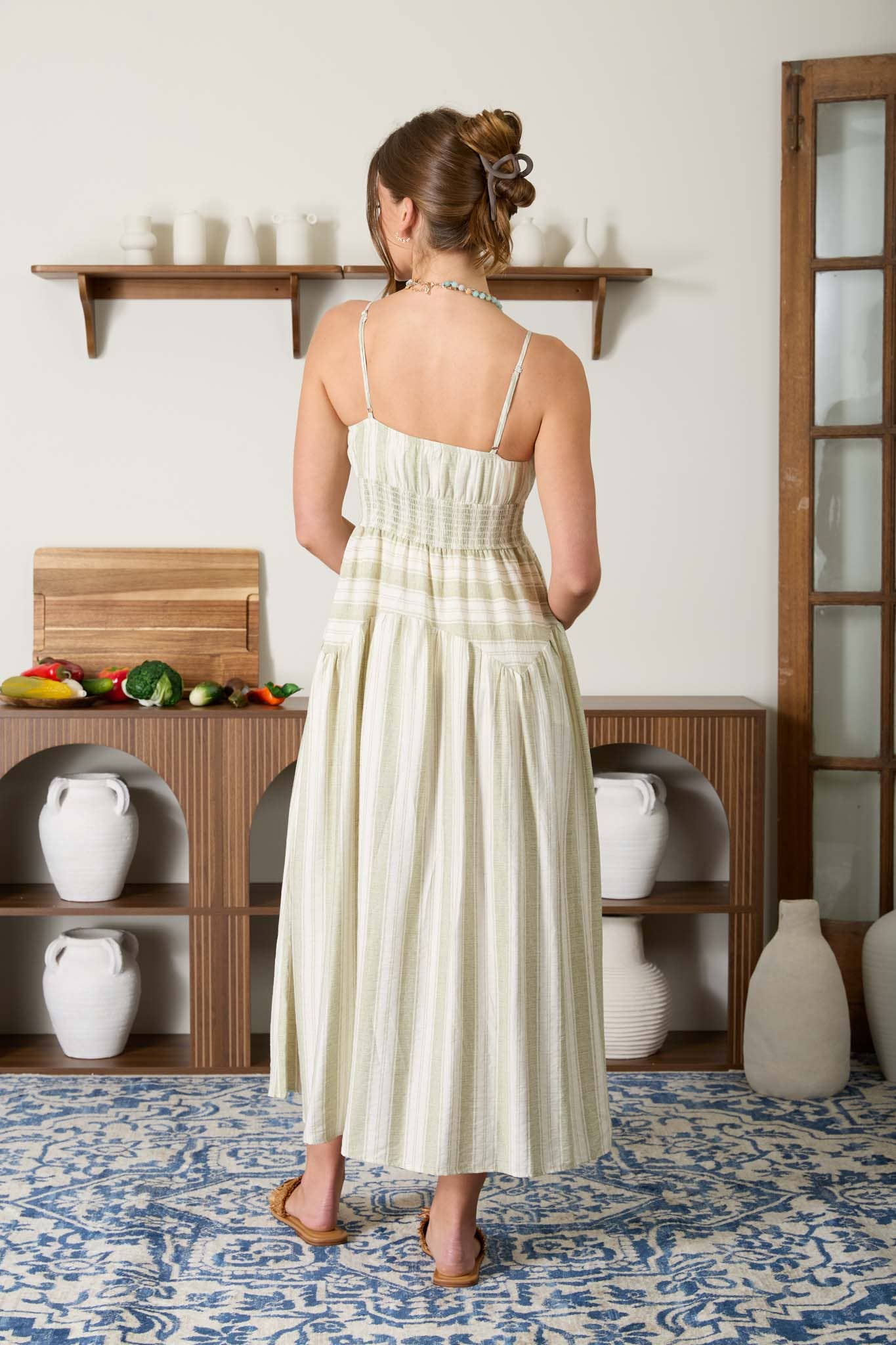 Beach Striped Midi Dress in Olive (REG)
