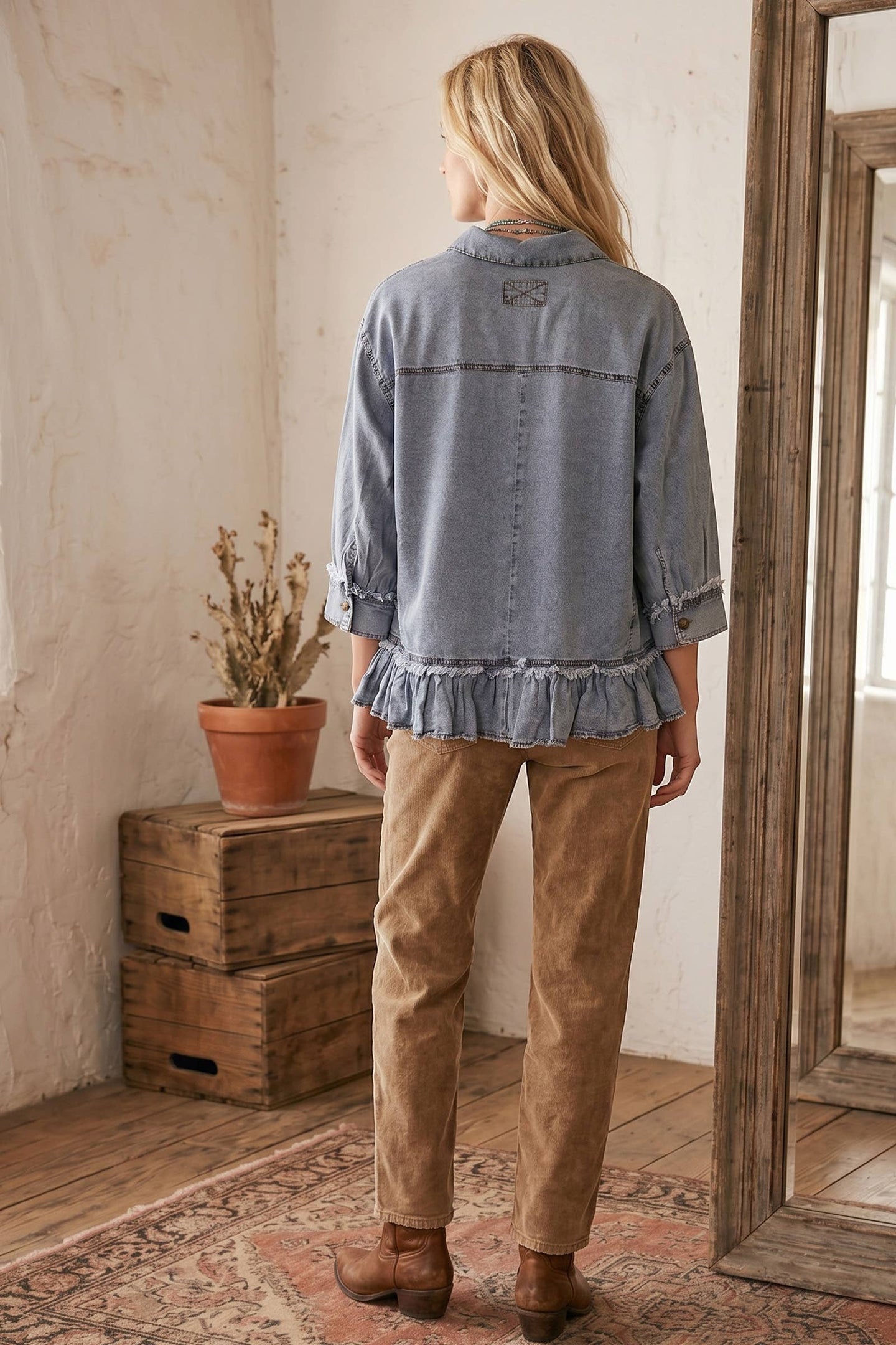 Mineral Wash Ruffle Hem Denim Top (REG)