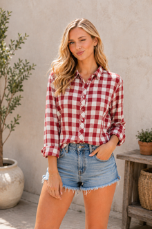 Buffalo Plaid Button Top in Red (REG/PLUS)