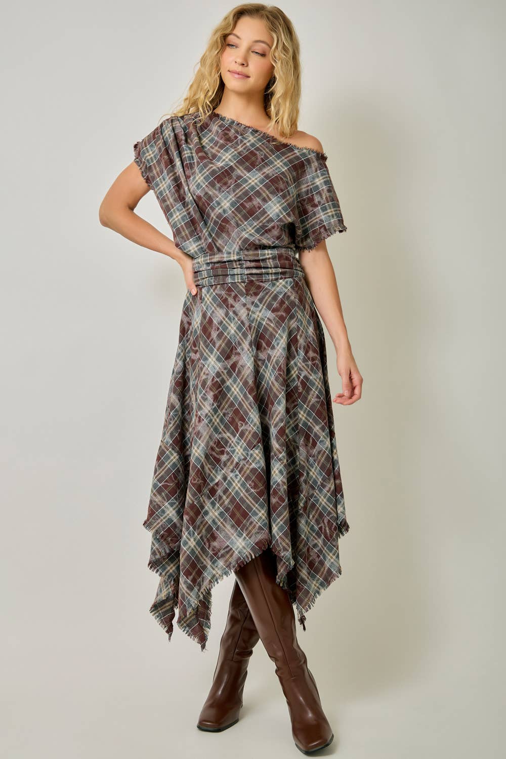 Asymmetrical Frayed Plaid Skirt in Wine/Teal (REG)