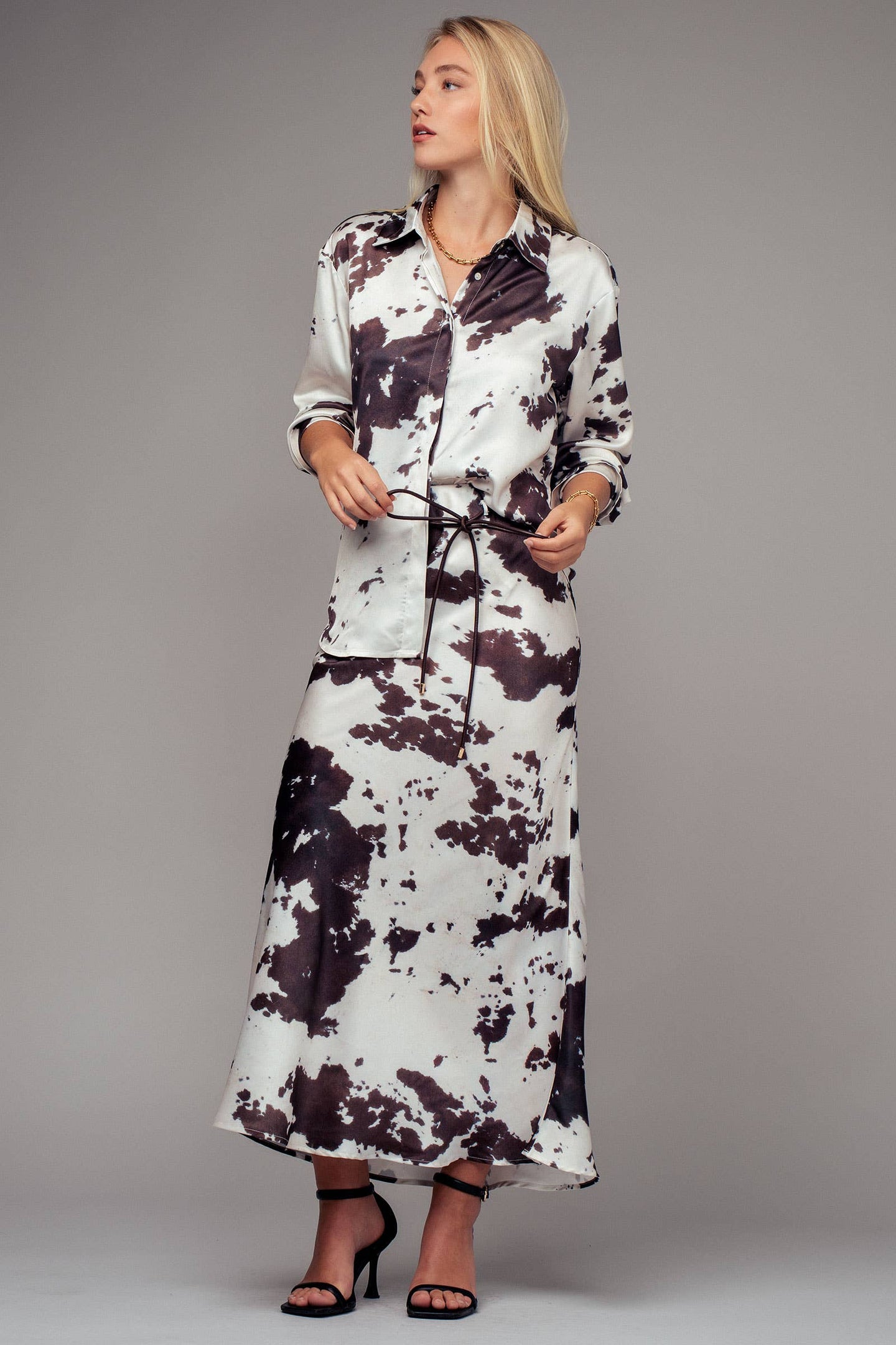 Cow Print Satin Midi Skirt (REG)