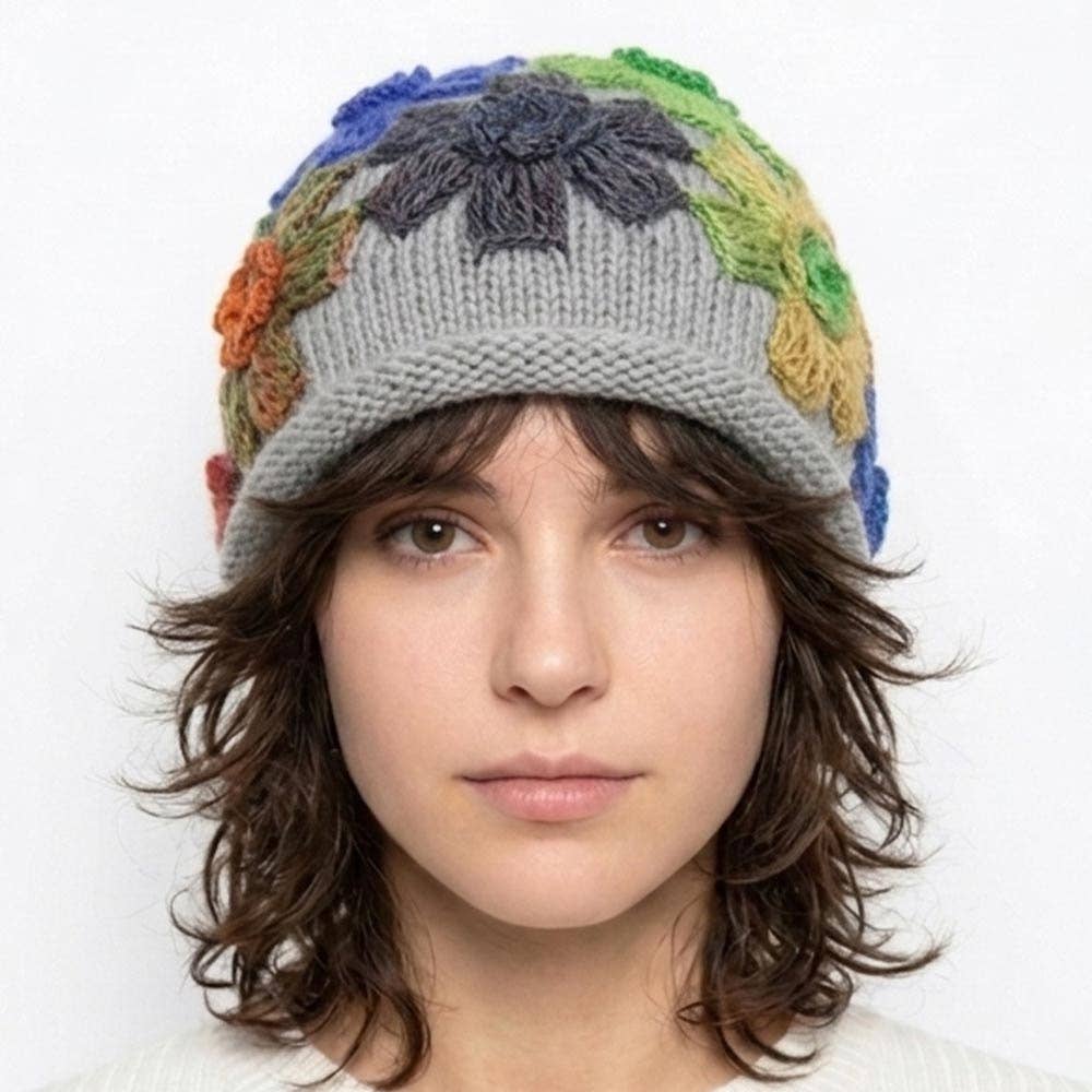 Floral Appliqué Knit Hat
