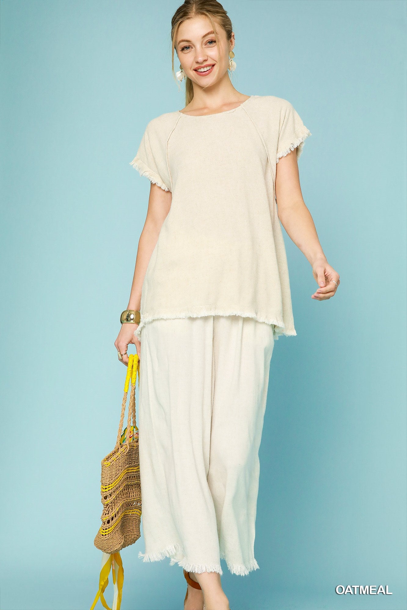 Frayed Wide Leg Pants in Oatmeal (REG)