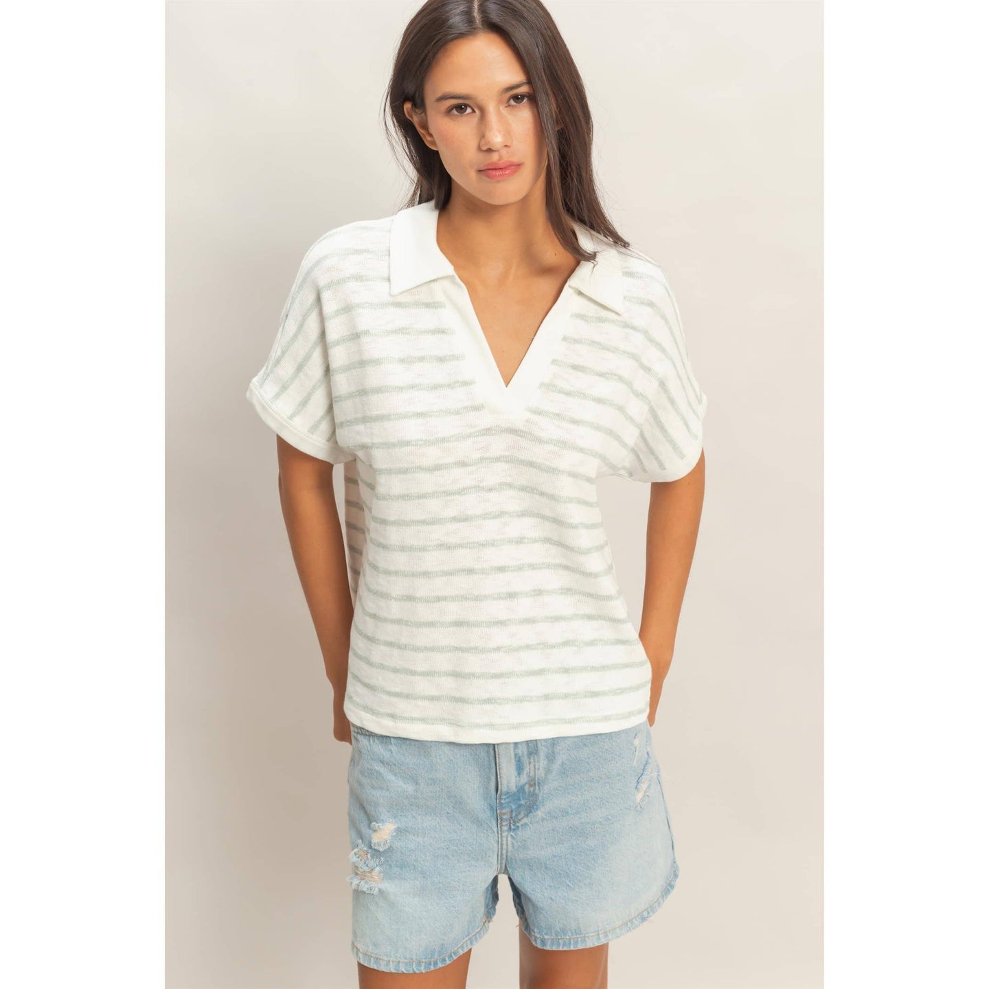 Striped Collar V-Neck Top in Green (REG)