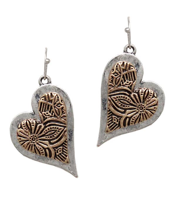 Stamped Mix Metal Heart Earrings