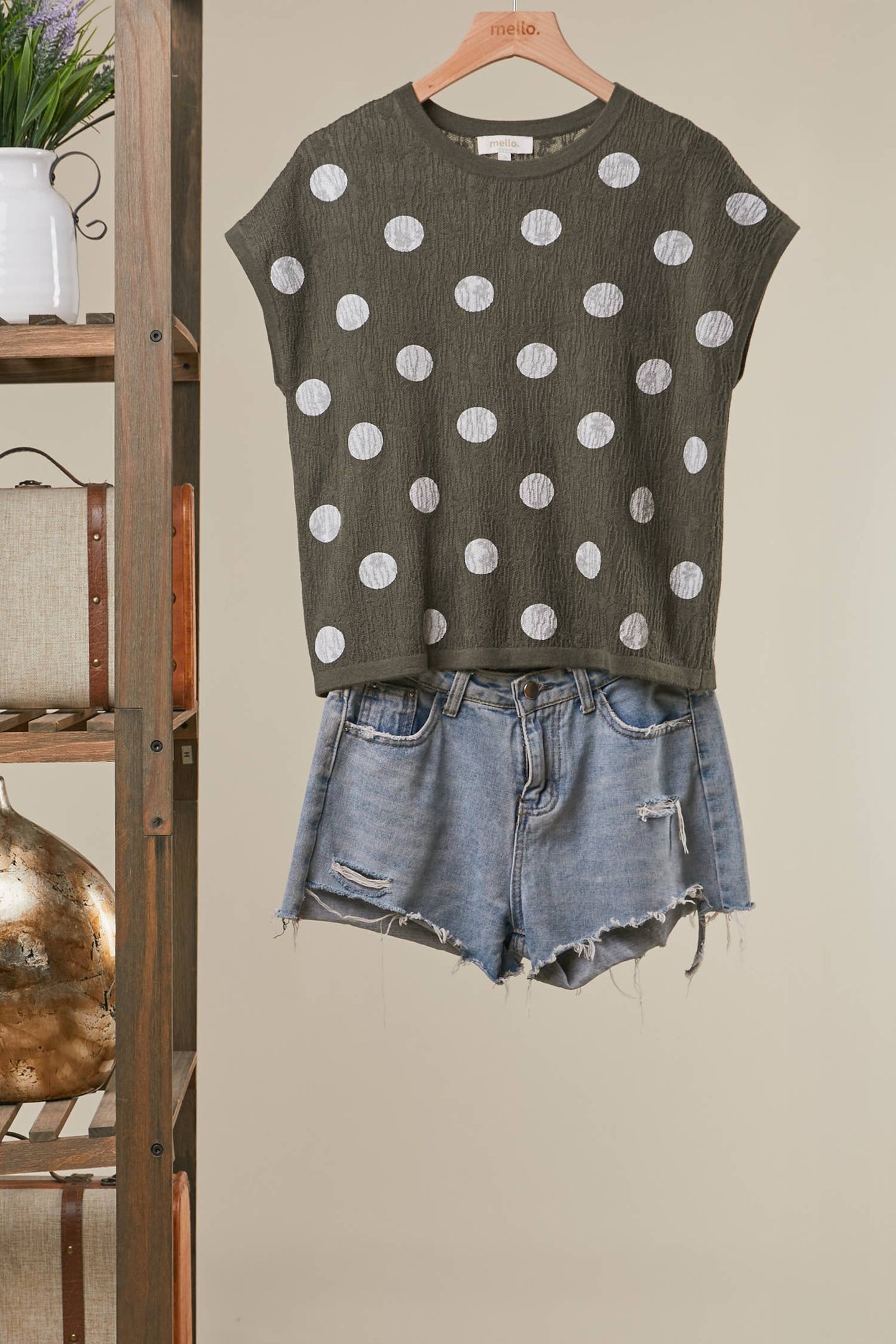 Textured Polka Dot Top in Olive (REG)